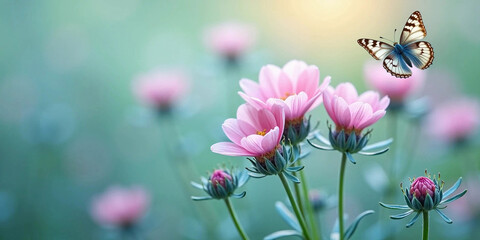 beautiful butterfly flying over delicate pink flowers. wild flowers blooming in the meadow in the mo