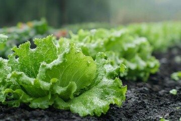 Poster - Freshly grown lettuce with dew in a garden during early morning in a lush green field