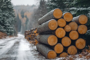 Aufkleber - Logs stacked along a snowy forest path in winter showcasing natural beauty and timber industry