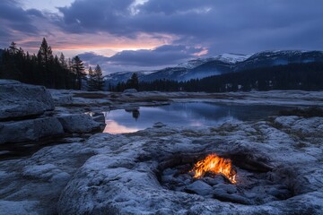 Poster - Evening campfire by a tranquil lake under a cloudy sky in a mountainous landscape