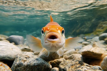 Poster - Colorful fish swims near pebbles in clear water showcasing vibrant marine life in a tranquil underwater setting