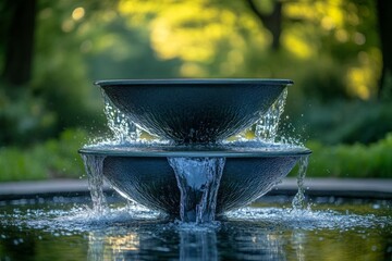 Poster - Tranquil water fountain surrounded by greenery at a serene park during golden hour