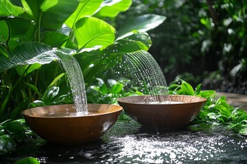 Poster - Water flows gently from two bowls amidst lush greenery in a serene garden setting