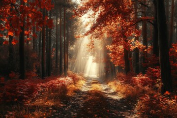 Poster - Sunlight filters through autumn trees along a serene forest path in a vibrant display of red and orange foliage