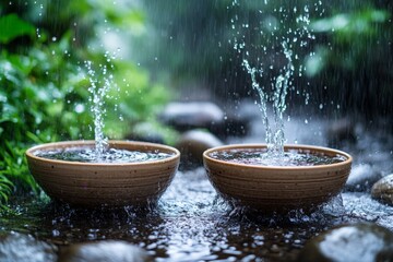 Aufkleber - Water splashes between clay bowls under gentle rain in a serene garden setting