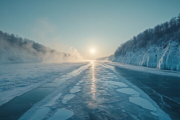 Poster - Serene winter landscape at dawn with frozen river and sun rising over icy cliffs