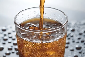 Poster - Refreshing beverage being poured into a glass with ice on a silver surface during a sunny afternoon