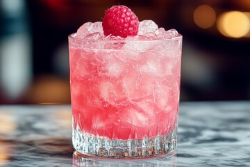 Aufkleber - Refreshing raspberry cocktail garnished with fresh raspberry served on a marble countertop at an evening gathering