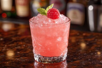 Aufkleber - Refreshing raspberry cocktail served in a rocks glass with crushed ice and mint garnish at a vibrant bar setting