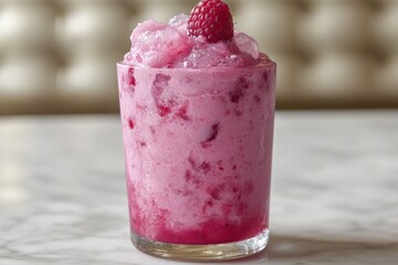 Poster - Refreshing raspberry slush served in a chilled glass on a marble table in a cozy cafe setting