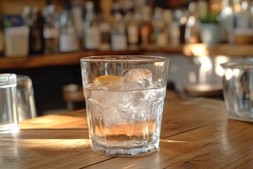 Poster - Refreshing drink with ice and lemon in a cozy bar setting during late afternoon
