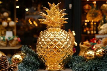 Poster - Decorative golden pineapple centerpiece with festive ornaments and greenery in a winter display setting