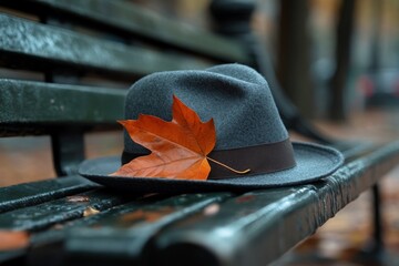 Poster - Gray hat with a maple leaf resting on a park bench during autumn afternoon