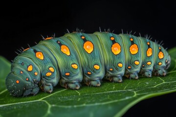 Poster - Brightly colored caterpillar resting on a green leaf in a natural setting during daytime