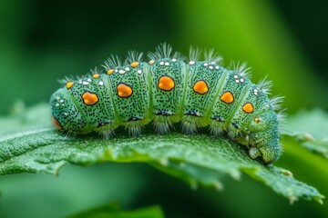 Poster - Bright green caterpillar resting on a leaf in a vibrant garden during daylight hours