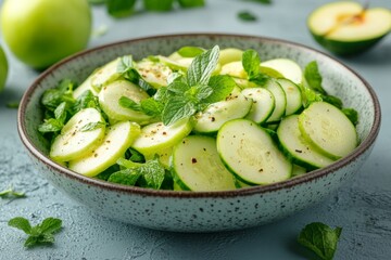 Poster - Fresh cucumber salad with mint garnished with seasoning on a textured surface