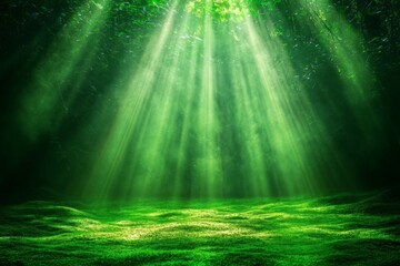Fototapete - Sunlight filters through a dense forest, creating a mystical green ambiance in a tranquil glade