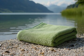 Poster - Green towel on the pebbled shore of a serene lake surrounded by mountains on a sunny day
