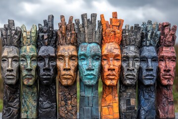 Poster - Colorful carved sculptures of human figures standing in a row against a dramatic sky