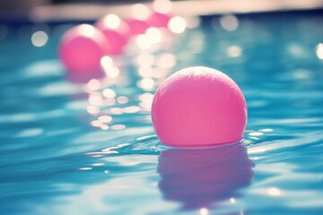 Poster - Pink buoy floats on shimmering water with sunlight reflecting in the pool during a warm afternoon