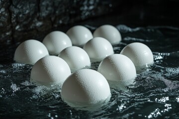 Poster - Floating white spheres in a dark water setting create a mysterious and serene atmosphere beneath the surface