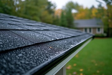 Aufkleber - Rain droplets collect on a freshly shingled roof in a serene suburban setting during early autumn