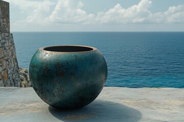 Poster - View of a weathered pot on a stone ledge overlooking a tranquil ocean under a bright sky, perfect for coastal decor inspiration