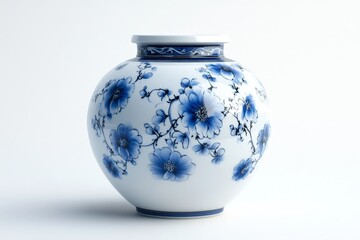Poster - Elegant ceramic vase with blue floral patterns on a clean white background showcasing artistry and craftsmanship