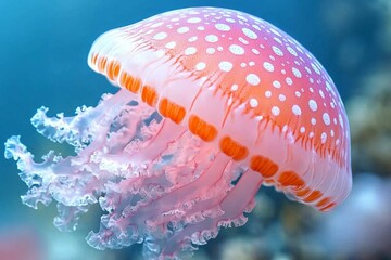 Poster - Colorful jellyfish gracefully swimming in clear ocean waters, showcasing delicate tentacles and vibrant patterns while exploring coral reefs