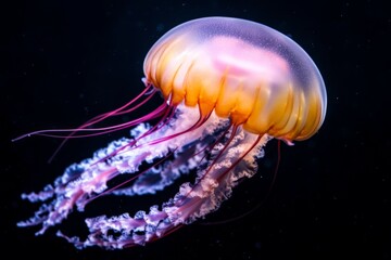 Poster - Bright jellyfish gracefully floats in dark ocean water showcasing vibrant colors and delicate tentacles