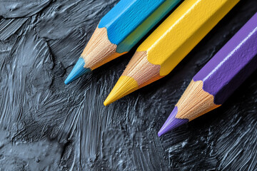 Aufkleber - Close-up of three colored pencils: blue, yellow, purple, on a dark textured background.  Image showcases creativity, art supplies, and design concepts. Free space for text