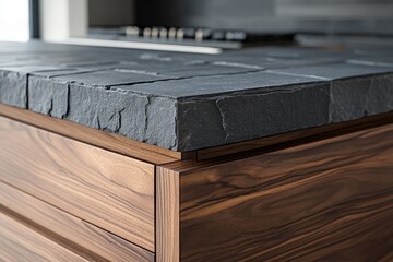Poster - Modern kitchen countertop featuring textured stone and natural wood elements in a contemporary home setting