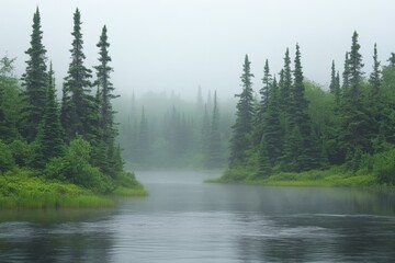 Aufkleber - Misty river flowing through dense pine forest in a tranquil morning setting
