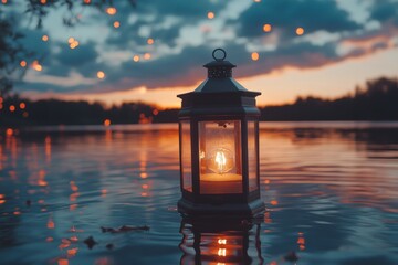 Poster - Lantern glowing on water during sunset with floating lights in the background