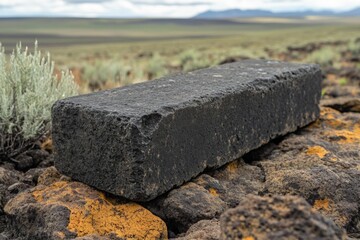 Poster - Unique rectangular basalt stone placed on rocky terrain in the wilderness during daytime with overcast sky