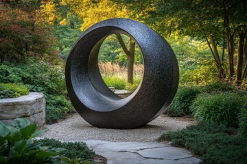 Poster - Modern sculpture creates a striking focal point in a lush garden setting during the golden hour of a late afternoon