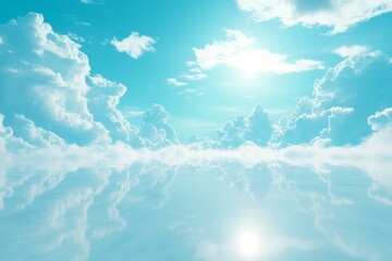 Poster - Bright blue sky with fluffy clouds reflecting on tranquil surface during midday in a serene landscape