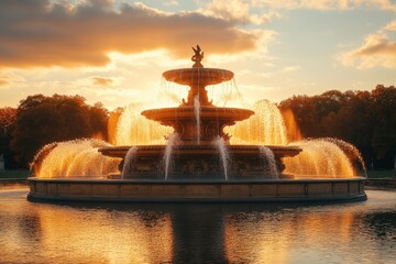 Poster - Beautiful sunset over a classic fountain with cascading water in a serene park setting