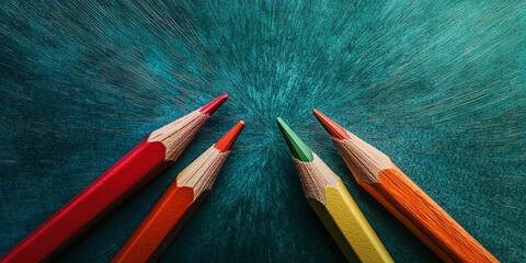Poster - Four colored pencils, red, orange, yellow, green, arranged on teal textured background, creating a vibrant and creative design, showcasing potential for art or design projects