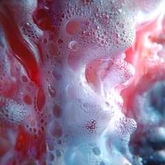 Fototapete - Futuristic digital illustration of a viscous, pearlescent liquid with shades of pink and blue. Popping bubbles and soft undulating shapes create the effect of flowing matter