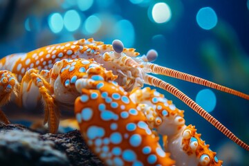 Poster - Brightly colored lobster underwater exploring coral reef with vibrant blue background during daylight hours