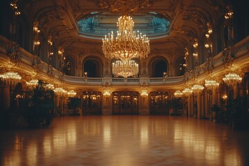 Poster - Elegant ballroom with dazzling chandeliers lighting the grand space during an evening event in a historic building