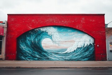Aufkleber - Stunning wave mural painted on a red brick wall in an urban setting showcases artistic creativity and vibrant colors