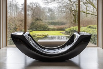 Aufkleber - Modern black sculpture in serene garden view during overcast day