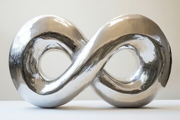 Aufkleber - Metallic infinity sculpture displayed on a white surface in a contemporary art gallery environment