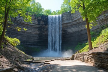 Poster - Majestic waterfall cascading down rocky cliffs in a lush green forest on a sunny day