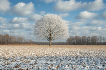 Poster - Frost-covered tree stands alone in a snowy field under a bright cloudy sky in winter