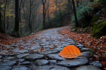 Poster - Colorful autumn leaf rests on cobblestone path surrounded by trees in serene forest setting during misty morning