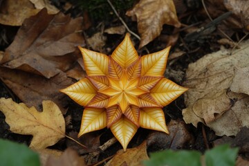 Poster - Colorful star-shaped mushroom discovered in a forest during autumn amidst fallen leaves
