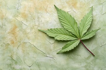 Poster - Green cannabis leaf placed on textured beige background highlighting natural beauty and details of the plant